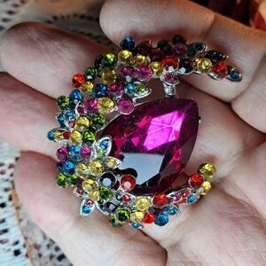 Sparkly Silvertone Pink & Multicolor Crystal Crescent Moon Brooch